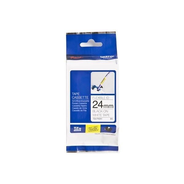 Etiqueta blanca continua laminada flexible Brother TZEFX251, de 24 mm de ancho x 8 mts de largo. Impresión en negro.