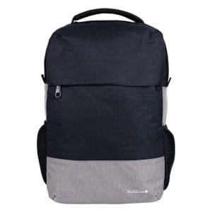 Backpack Strong Grey TechZone de 15.6 pulgadas, múltiples compartimientos, organizador frontal, costuras y asas reforzadas, garantía limitada de por vida.