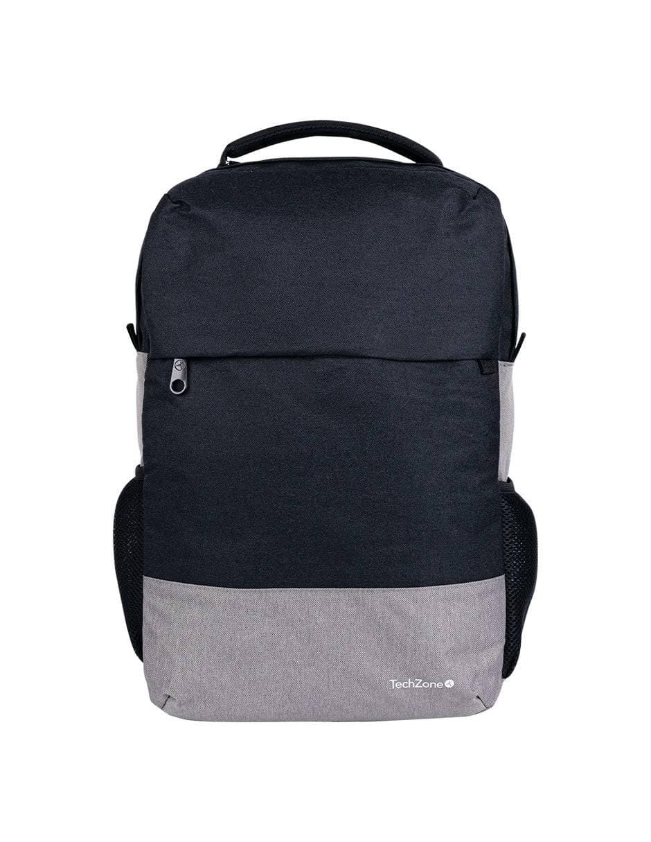 Backpack Strong Grey TechZone de 15.6 pulgadas, múltiples compartimientos, organizador frontal, costuras y asas reforzadas, garantía limitada de por vida.
