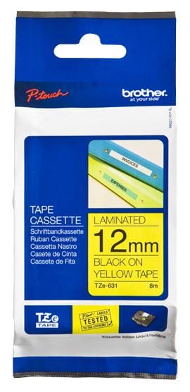 Etiqueta amarilla continua laminada Brother TZE631, de 12 mm de ancho x 8 mts de largo. Impresión en negro.