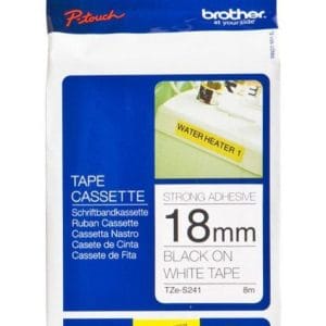 Etiqueta blanca continua laminada con adhesivo super resistente Brother TZES241, de 18 mm de ancho x 8 mts de largo. Impresión en negro.
