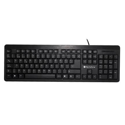 Teclado alámbrico Grimly TechZone, con conexión USB, 104 teclas tipo QWERTY, 1 año de garantía.