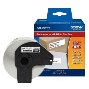 Etiqueta blanca plástica continua no laminada Brother DK2211 de 29 mm de ancho x 15.2 mts de largo. Impresión en negro. QL800 / QL810W / QL1110NWB.
