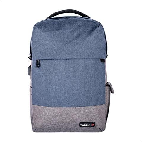 Backpack Strong Blue TechZone, de 15.6 pulgadas, múltiples compartimientos, organizador frontal, costuras y asas reforzadas, garantía limitada de por vida.