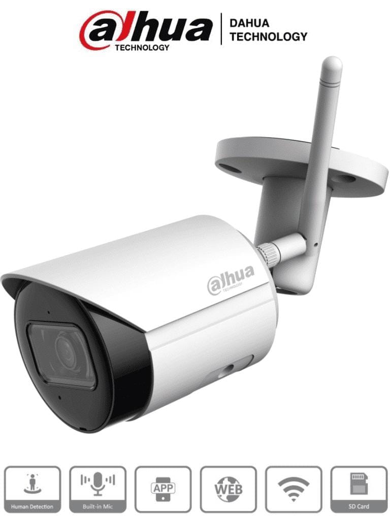 DAHUA IPC-HFW1430DS-SAW - Camara IP Bala Wifi de 4 Mp/ Lente de 2.8mm/ 90°/ H.265+/ IR de 30 Mts/ Integrado/ Ranura para MicroSD/ Metalica/ IP67/ DWD