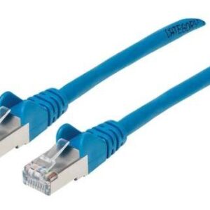 Cable de red S/FTP, Cat6a,.3m (1ft), 100% Cobre, Hasta 10Gb, Contactos 50micras de oro, Blindado, Cable Patch Azul INTELLINET 315982
