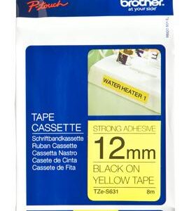 Etiqueta amarilla continua laminada con adhesivo super resistente Brother TZES631, de 12 mm de ancho x 8 mts de largo.
