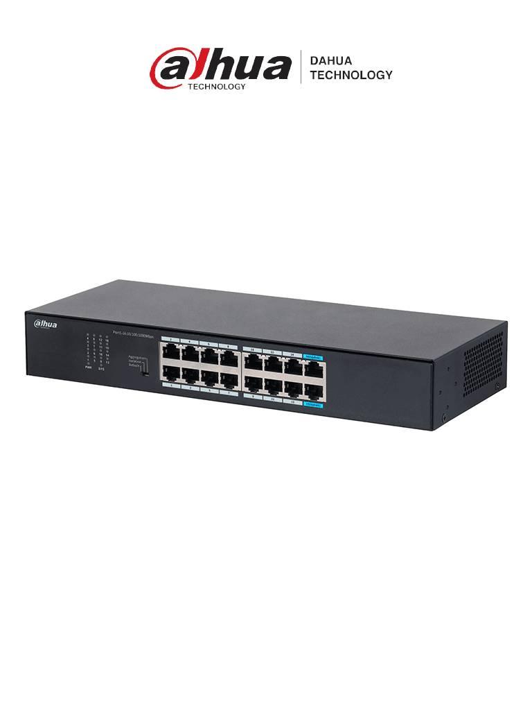 Switch Gigabit no administrable 16 puertos RJ-45 10/100/1000, capa 2, 32 Gbps, metálico sin ventilador, montaje en rack.